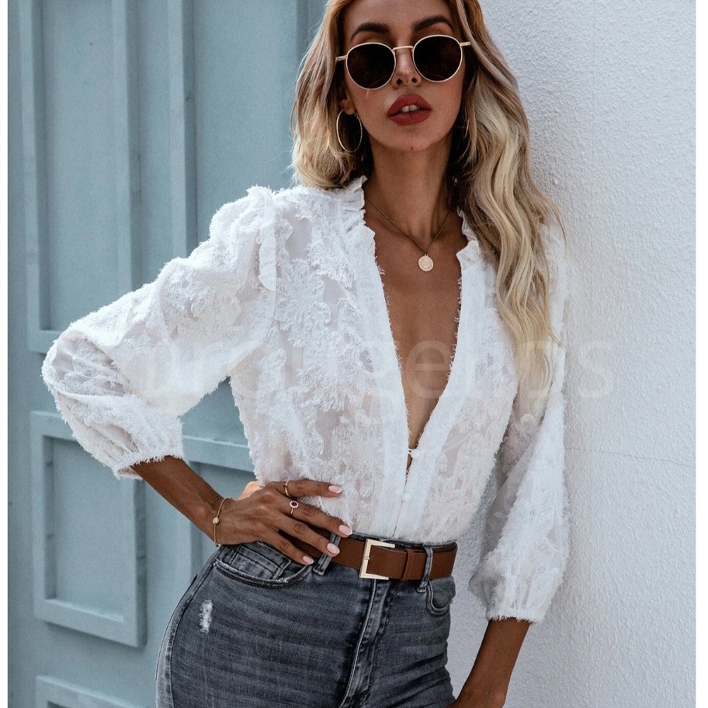White Casual Textured Shirt Button Up Down Floral